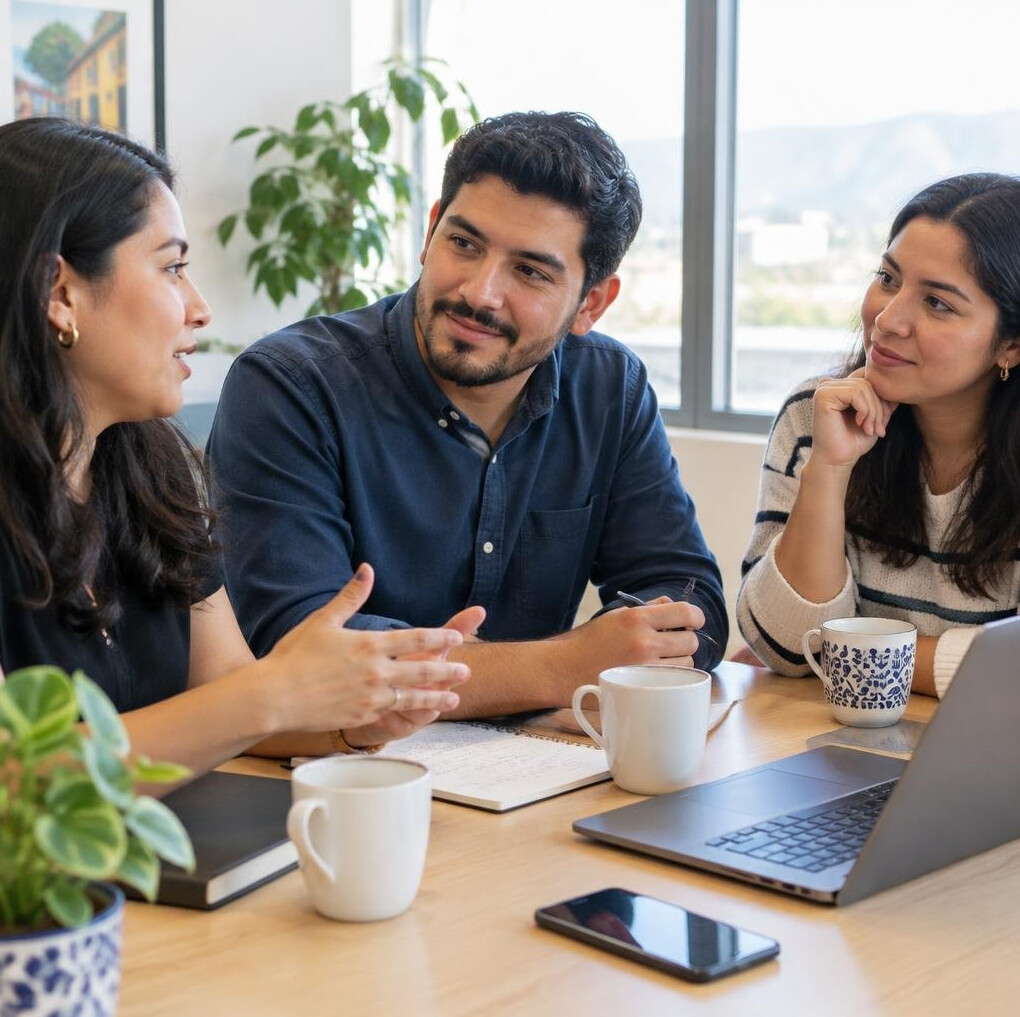 Colleagues sharing ideas during a conversation at a table