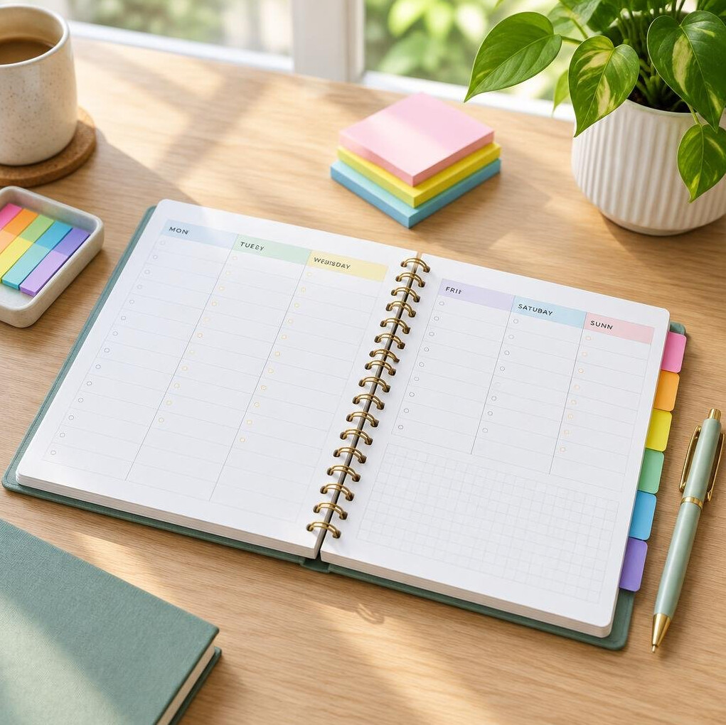 Planner and pen on a desk with weekly schedule