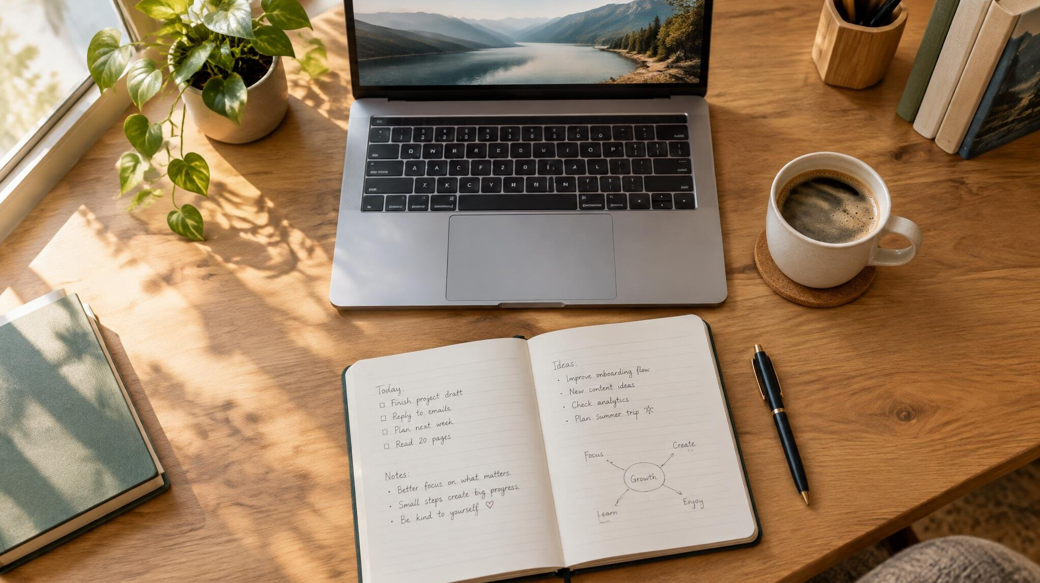 Laptop, notebook and coffee on a writing desk